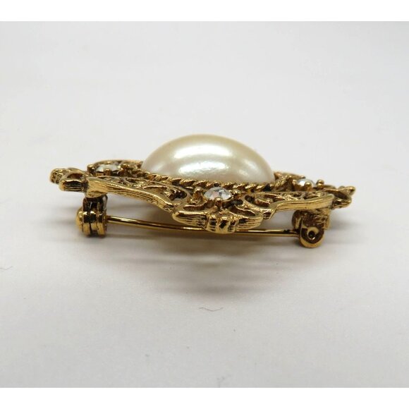 1928 Brooch Gold Tone Victorian Style Imitation Pearl Cabonchon Clear Rhinestone - Picture 7 of 11